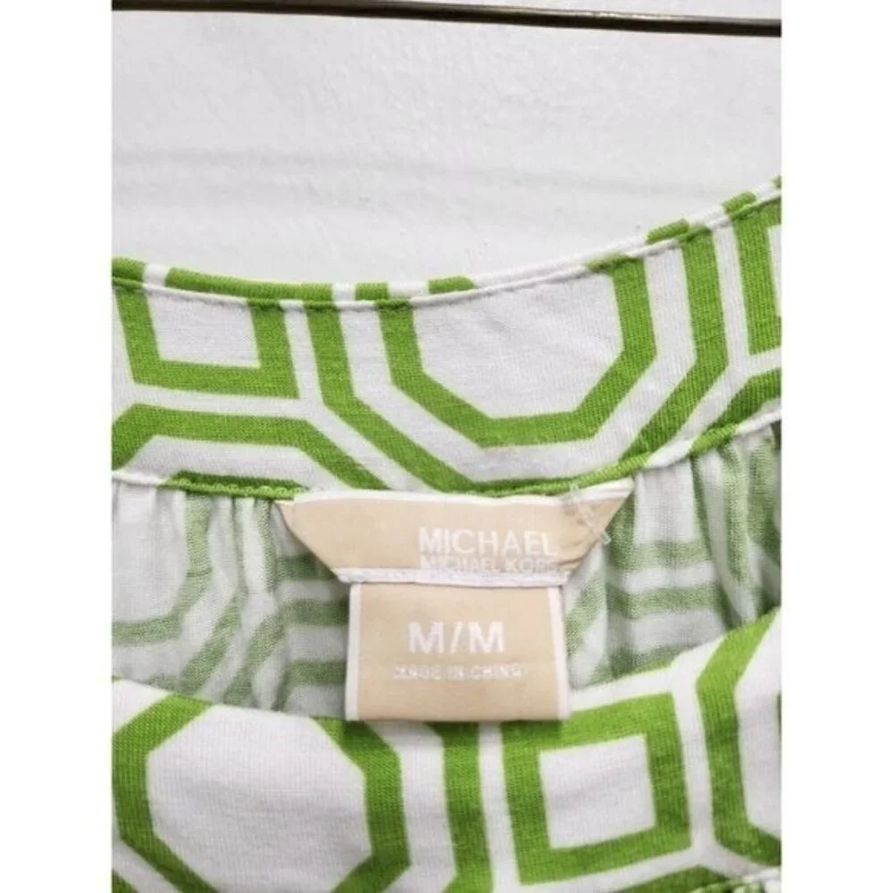 Michael Michael Kors Womens Top Medium Green‎ Printed Puff Sleeve Boat Neck BOHO